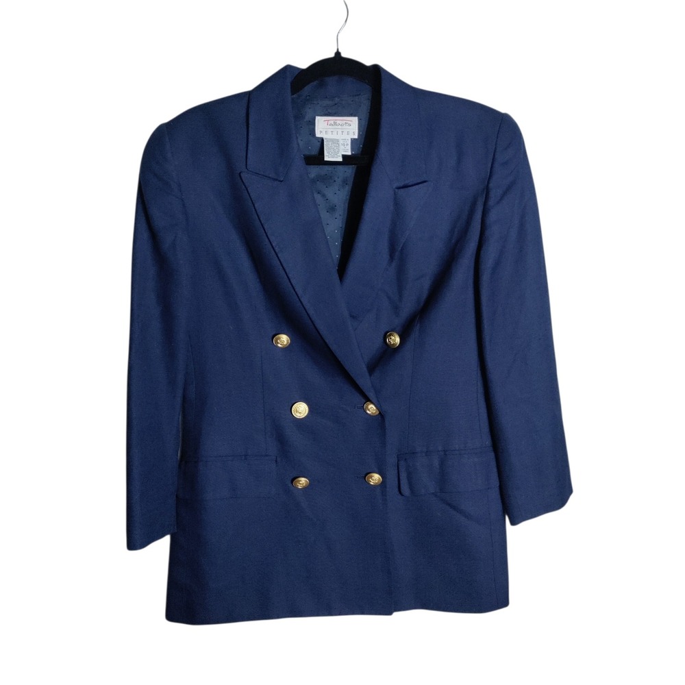 Talbots Petites Navy Blue Double Breasted Linen Blend Blazer Jacket Size 10P